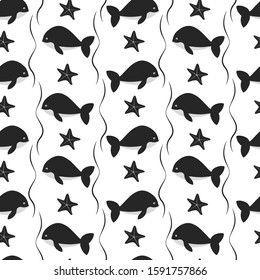 Cartoon flat whale on white background seamless vector pattern. Monochrome. Whale, starfish, seaweed. Marine life flat cartoon.