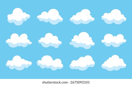 Nubes blancas planas de la historieta puestas en el fondo azul. Nubes blancas esponjosas de la historieta. Conjunto de Vector de ilustración de nubes planas de dibujos animados. Nubes