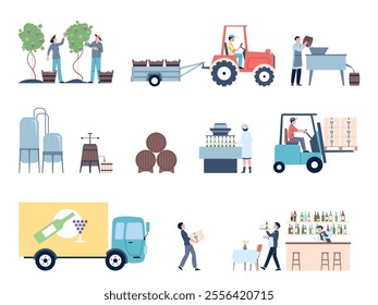 Cartoon flat wine production. Winery process from harvest grapes to testing in restaurant or bar. Fermentation, aging in wooden barrels, transportation recent vector scenes