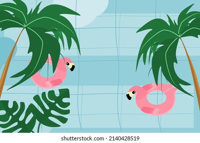 diseño de dibujos animados y planos para la actividad estival con anillo de goma flamingo flotando en la piscina con bosque tropical 