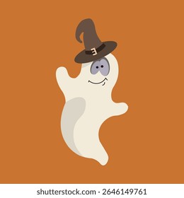 Cartoon flat-style Halloween illustration featuring a smiling ghost in a witch hat on an orange background. Perfect for children’s festive designs, greeting cards, packaging, stickers, and autumn deco