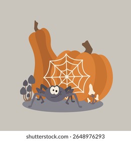 Cartoon flat-style Halloween illustration: a smiling little spider in front of a web, accompanied by two pumpkins and mushrooms. Perfect for kids' festive designs, cards, packaging, stickers.