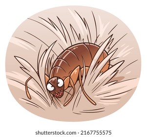 Cartoon flea on pet fur vector illustration. Cartoon flea series. 