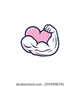 Cartoon Flexed Arm Vector: Playful Symbol of Strength and Love with a Pink Heart