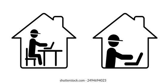 Cartoon flexible Arbeit, Arrangements.  Heimbüro, Remote-Mitarbeiter. Work at Home Symbol. Arbeiten an einem PC zu Hause. Geschäftsmann arbeitet an Laptop. Arbeitsplatz, Remote-Mitarbeiter oder Freiberufler.