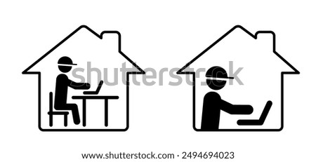Cartoon flexible work, arrangements.  Home office, remote worker. Work at home icon. working at a personal computer at home. Business man working on laptop. Workplace, remote employee or freelancer.