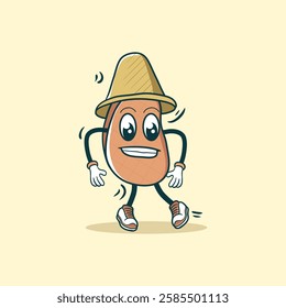 A cartoon flip flop wearing a hat and shoes happily walks across a pale background.