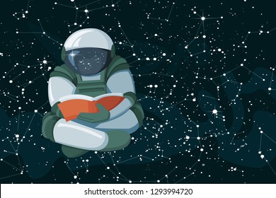 Cartoon Floating astronaut reading a book in space, concept vector illustration on colored background. Useful for website promotion poster and mobile game development advertise