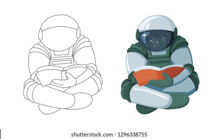 Cartoon Floating astronaut reading a book in space, concept vector illustration isolated on white background. Coloring book page design for kids and children vector illustration