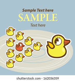 Cartoon floating big rubber duck with ducklings in water. Hand drawn vector theme. Good for background, wallpaper, cover, tiles in the bathroom and card for children