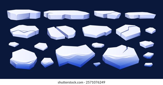 Cartoon floating ice. Antarctic floes pieces and various shapes of glaciers. Frozen arctic blocks of ice in cold water isolated vector illustrations set.