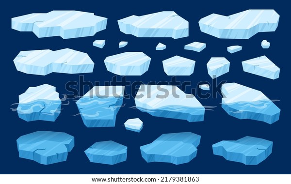 Cartoon floating\
ice, frozen arctic blocks of ice. Glaciers and icebergs pieces,\
blue ice crystals floating in water vector symbols illustration\
set. Antarctic ice\
melt