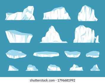 Cartoon floating iceberg set. Ocean ice rocks landscape for climate and environment protection concept. Iceberg cold. Vector