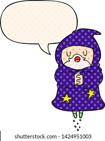 cartoon floating wizard with speech bubble in comic book style