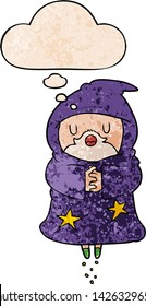 cartoon floating wizard with thought bubble in grunge texture style