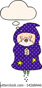 cartoon floating wizard with thought bubble in comic book style
