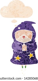 cartoon floating wizard with thought bubble in grunge distressed retro textured style