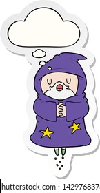 cartoon floating wizard with thought bubble as a printed sticker
