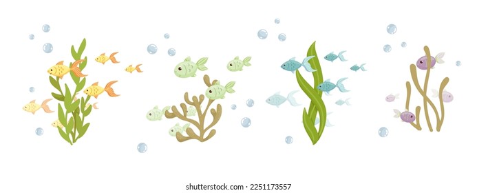 Cartoon flocks of fish swim among the algae. Vector graphics.