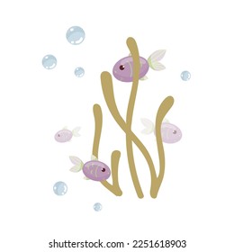 Cartoon flocks of fish swim among the algae. Vector graphics.