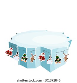 Cartoon floe. Vector illustration of an ice floe with festive garlands. Decorative lanterns, lights, snowflakes. Element of design and decoration