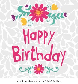 Cartoon floral background. Cute floral happy birthday card. Vector illustration