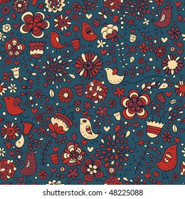 Cartoon floral background with funny birds in stylish colors