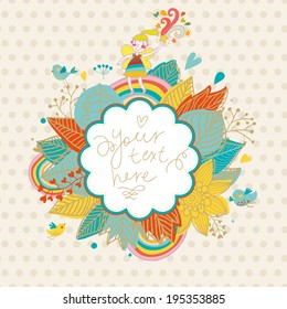 Cartoon floral background with small fairy, birds and rainbow. Summer vector frame with place for text. Sweet forest fairy with magic wand