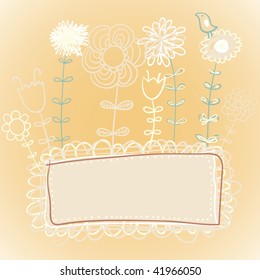 Cartoon floral background with text box. Bird on the flowers