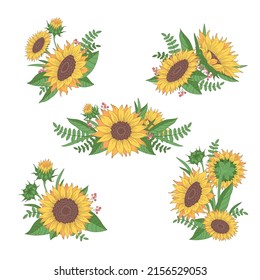 Cartoon floral collection of sunflower bunches with leaves and berries isolated on white background vector illustration