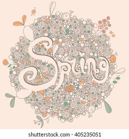 Cartoon Floral Composition. Hand Lettering "Hello spring!" Brush Pen lettering isolated on background. Handwritten vector Illustration.