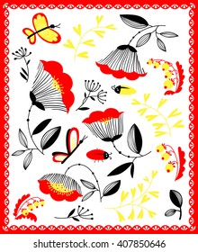 Cartoon floral decorative design elements set with bugs and butterfly, vector illustration collection