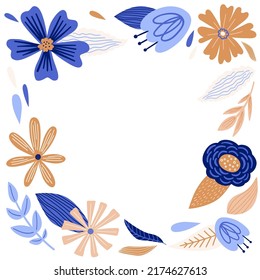 Cartoon floral frame with flowers, leaves, plants