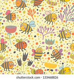 Cartoon floral seamless pattern. Bees and flowers Ã¢Â?Â? bright background. Seamless pattern can be used for wallpapers, pattern fills, web page backgrounds, surface textures. Vector spring wallpaper.