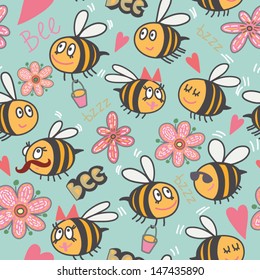 Cartoon floral seamless pattern. Bees, hearts, letters and flowers. Cute bright background. Seamless pattern can be used for wallpapers, pattern fills, web page backgrounds, surface textures.