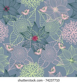 Cartoon floral seamless pattern with bird
