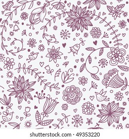 Cartoon floral seamless pattern with birds