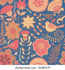 Cartoon floral seamless pattern with birds. Cure summer pattern