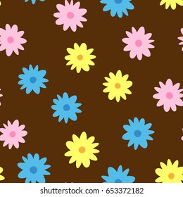 Cartoon floral seamless pattern. Colored flowers. Vector illustration. Brown, yellow, blue, pink.