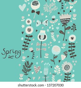 Cartoon floral seamless pattern in green.  Seamless pattern can be used for wallpapers, pattern fills, web page backgrounds, surface textures. Gorgeous seamless romantic background