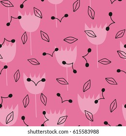 Cartoon floral seamless pattern. Silhouettes of abstract flowers and lines drawn by leaves. Pink, black. Vector illustration.