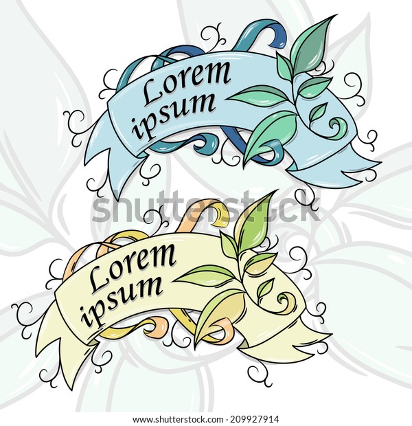 cartoon floral text label with green bunch and\
ribbon on the floral\
background