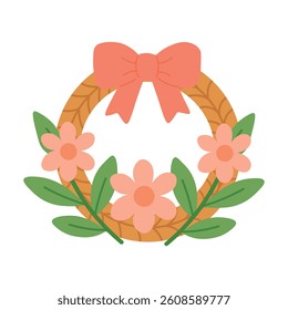 Cartoon floral wreath with soft pink flowers, fresh green leaves and a large ribbon bow.