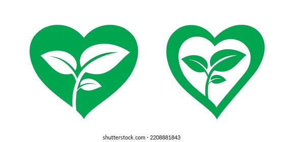 Cartoon flouwer, plant with love, heart symbol. For eco, eco, vegan, herbal or nature care concept. Leaves and green hearts icon. Heart leaf or healthy heart logo. - Shutterstock ID 2208881843