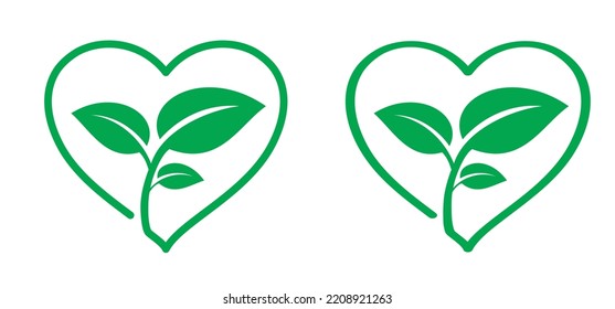 Fuga de caricatura, planta con amor, símbolo del corazón. Para el concepto de cuidado ecológico, ecológico, vegano, herbario o natural. Icono de hojas y corazones verdes. Logotipo de la hoja cardíaca o del corazón sano.