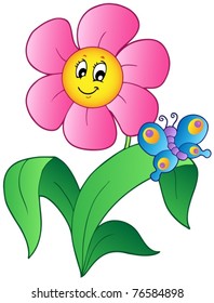 Cartoon flower with butterfly - vector illustration.