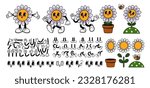 Cartoon flower character. Daisy retro constructor. Smiley flower face, funny walking mascot chamomile with bee, plant in pot. Trendy design sticker, vector set. Hands and legs for animation