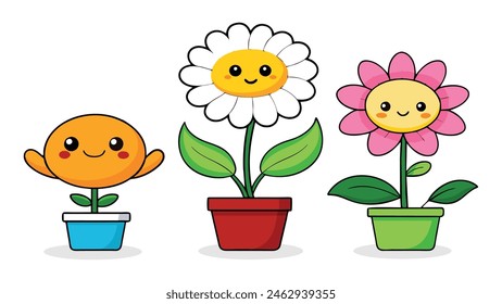 Zeichentrickblumenfigur. In: Daisy retro constructor. Smiley Blumengesicht, lustig wandernde Maskottchen Kamille mit Biene, Pflanze im Topf. Trendy Design Aufkleber, Vektorgrafik Set