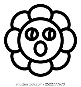 Cartoon flower character showing surprise emotion with open mouth and wide eyes, a simple black and white line art illustration