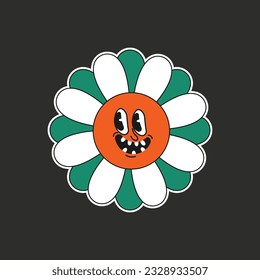 cartoon flower character sticker pack. Groovy funky comic daisy flower with eyes and abstract. Vector illustration
